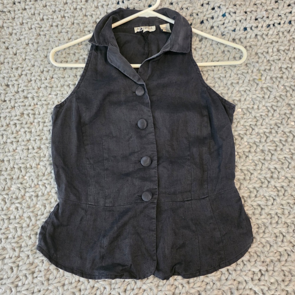 Vintage Y2k Ann Taylor Womens Vest Top Size XS Black 100% Linen Office Siren